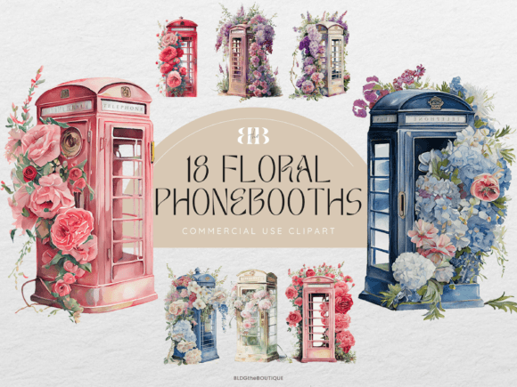 British Flower Phonebooth Clipart Bundle