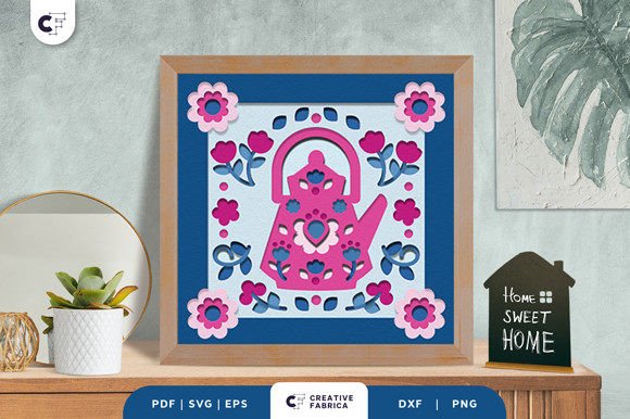Floral Kettle Folk 3D Shadow Box SVG