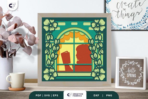 Floral Window Girl 3D Layered Paper Cut
