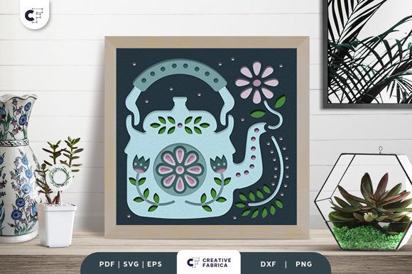 Flower Kettle Folk Art 3D Light Box SVG
