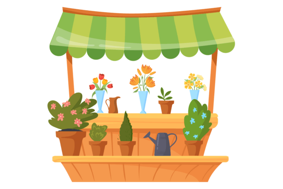 Flower Stand Cartoon Front Facade. Flora