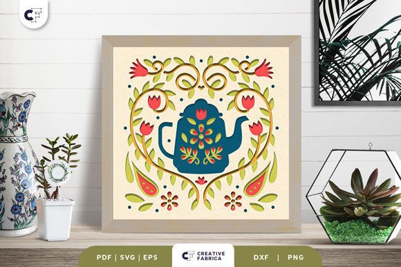 Teapot Folk Art 3D Shadow Box SVG