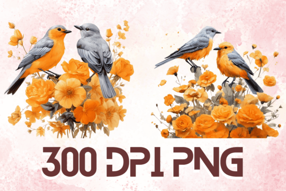 Watercolor Orange Birds on Branch Set 03